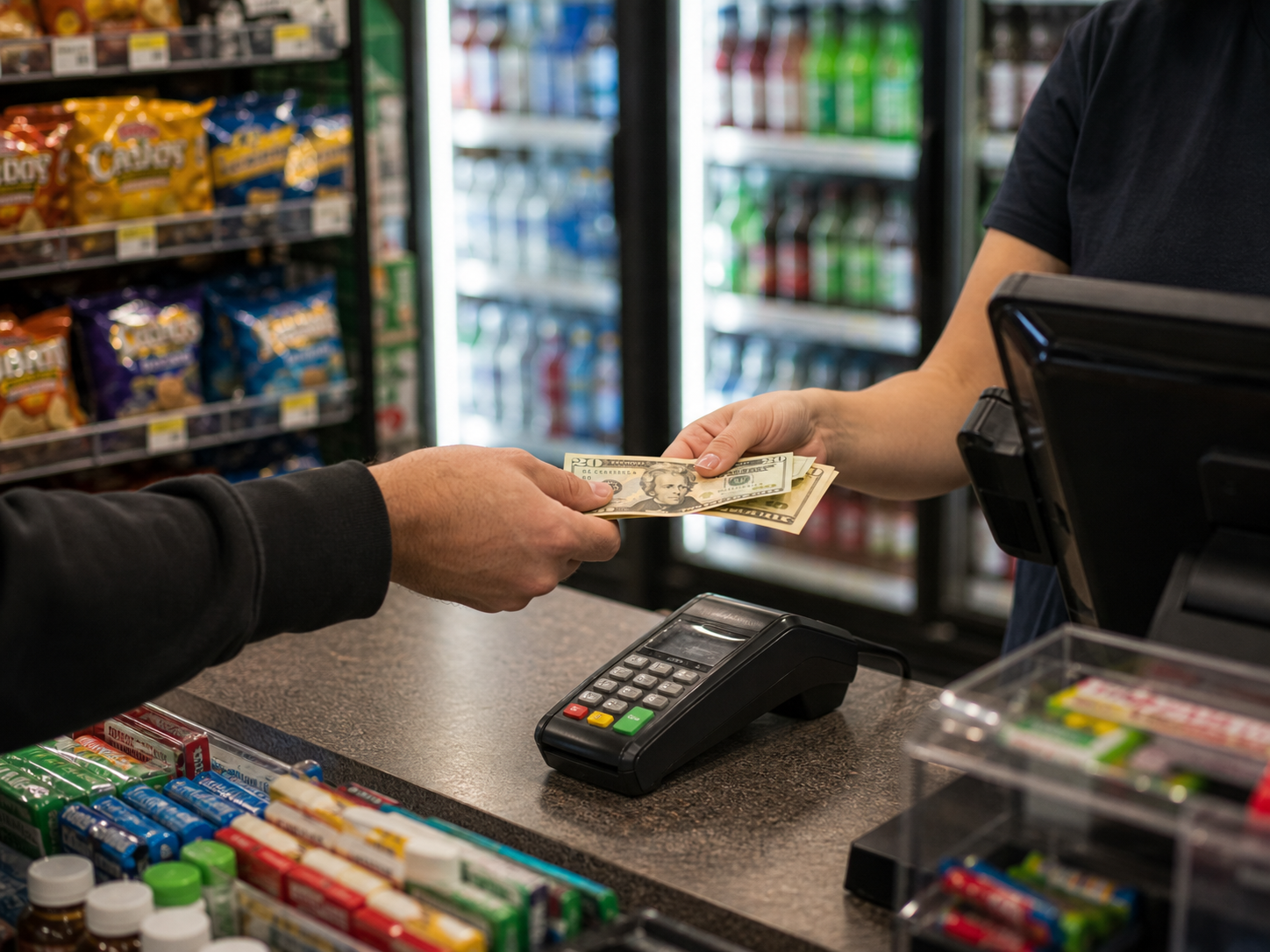 c-store customer paying cash